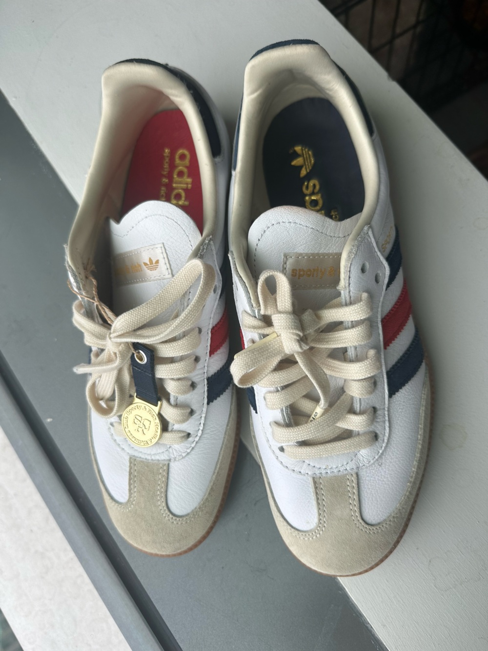 adidas White Sneakers with Red & Navy Stripe Accents